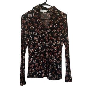 Sheet Black Long Sleeve Button Up Floral Abstract Fall Colors Size Medium